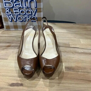 Christian Louboutin slingback peeptoe  brown leather wooden platform heels